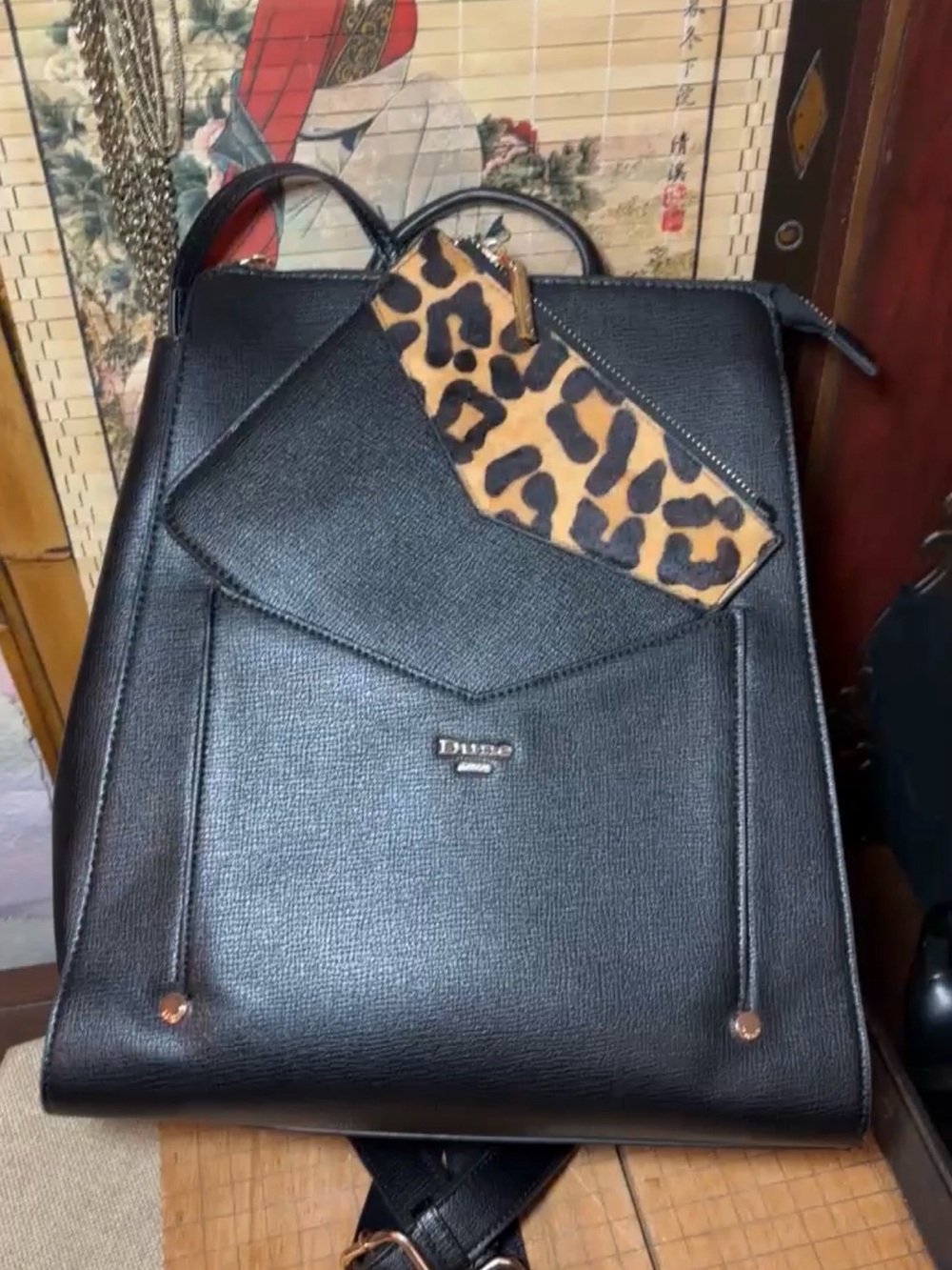 Dune London Black Backpack w Leather Fur Leopard Print  Pouch 11.25”Lx12.5”Hx5”W